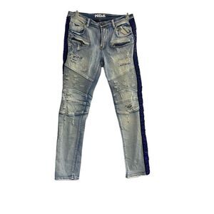 PREME Men’s Denim Moto Blue Side Stripe Distressed Destroyed Jeans Size 34X33‎